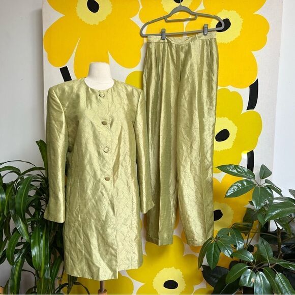 Vintage Mod Handmade One of a Kind Key Lime Sateen 2 Piece Pants Overcoat Set - Picture 3 of 15